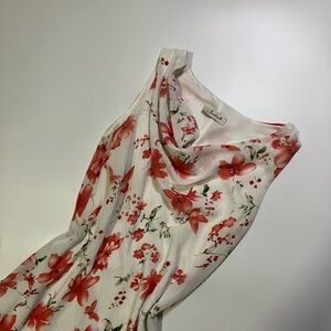 vintage white and pink floral cowl neck flowy midi dress